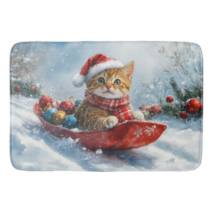 Alfombrilla De Baño Gato abisinio en trineo Deja que nieve Navidad