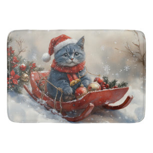 Alfombrilla De Baño Gato Azul Oriental en Trineo Deja que Nieve Navida