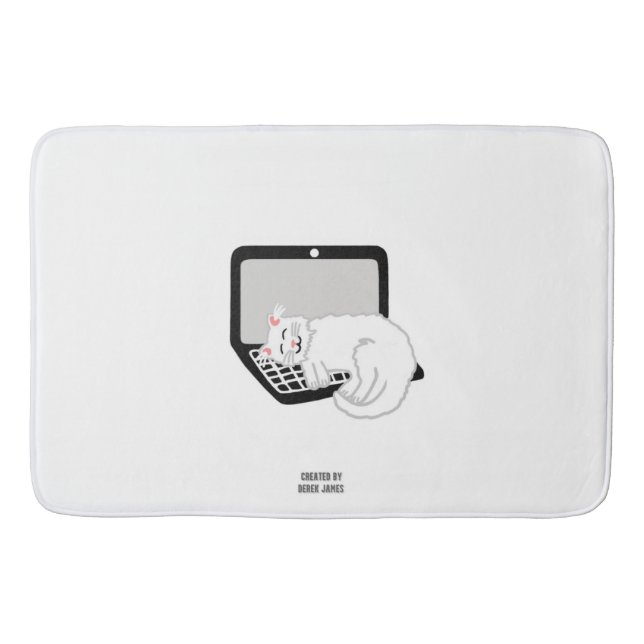 Alfombrilla De Baño Gato blanco durmiendo en una portátil Mat de baño  (Anverso)