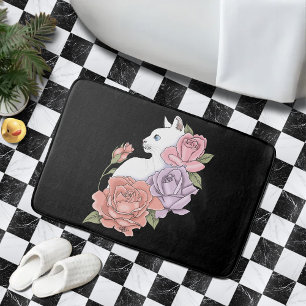 Alfombrilla De Baño Gato Blanco Floral Pastel Botánico Romántico Negro