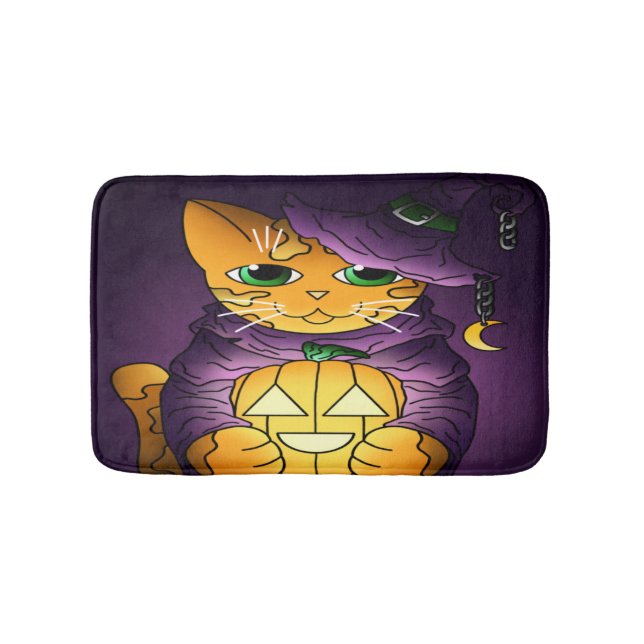Alfombrilla De Baño Gato de bruja morado de Halloween (Anverso)