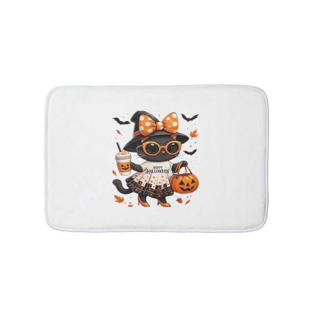 Alfombrilla De Baño Gato de Halloween Kawaii - Gato de bruja con calab (Anverso)