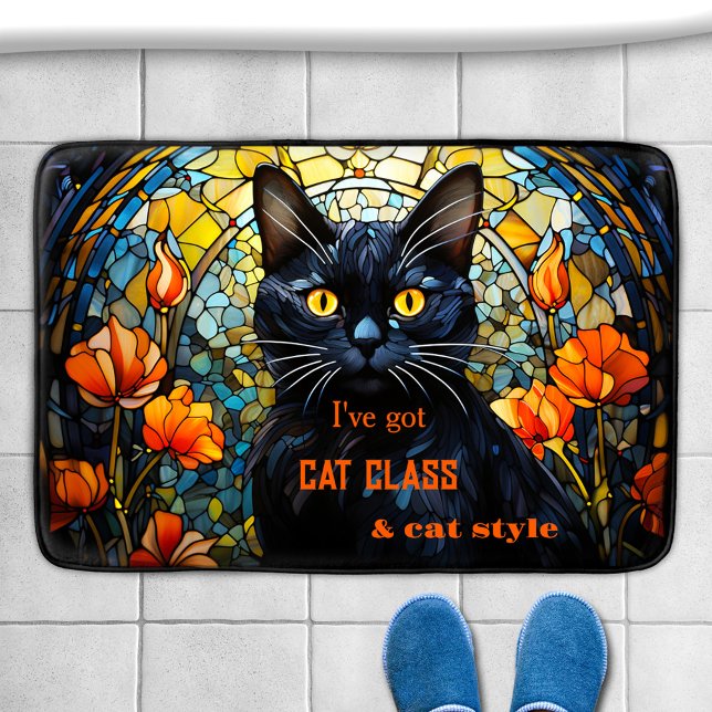 Alfombrilla De Baño Gato de vidrio templado Art Nouveau (Bath mat featuring an illustration of a black cat in art nouveau style stained glass / leaded glass)