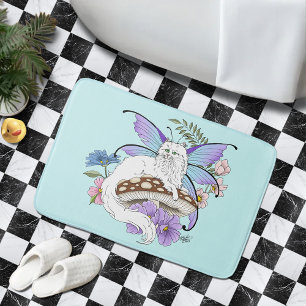 Alfombrilla De Baño Gato Hada Caprichoso Blanco Hongo Azul Fantasía