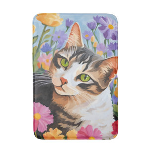 Alfombrilla De Baño Gato hermoso con flores