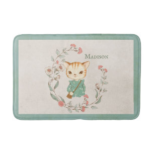 Alfombrilla De Baño Gato Kitty Floral Nombre Personalizado Girly Kitte