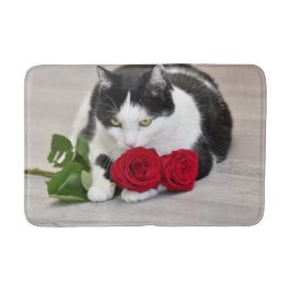 Alfombrilla De Baño Gato lindo con la rosa roja