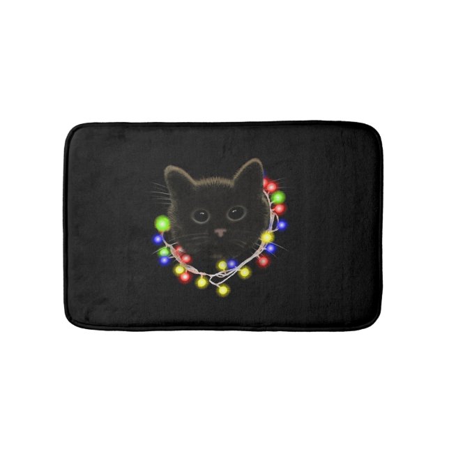 Alfombrilla De Baño Gato negro con luces de Navidad (Anverso)
