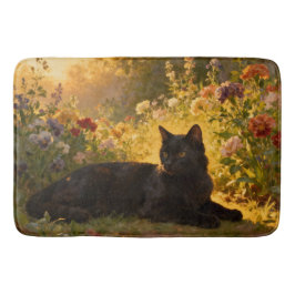 Alfombrilla De Baño Gato Negro en las Flores I