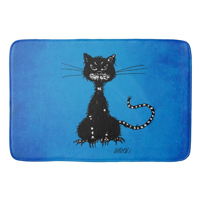 Alfombrilla De Baño Gato negro malvado azul (Anverso)