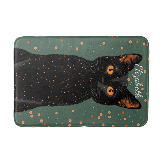 Alfombrilla De Baño Gato negro místico con ojos Naranjas y Purpurina (Anverso)