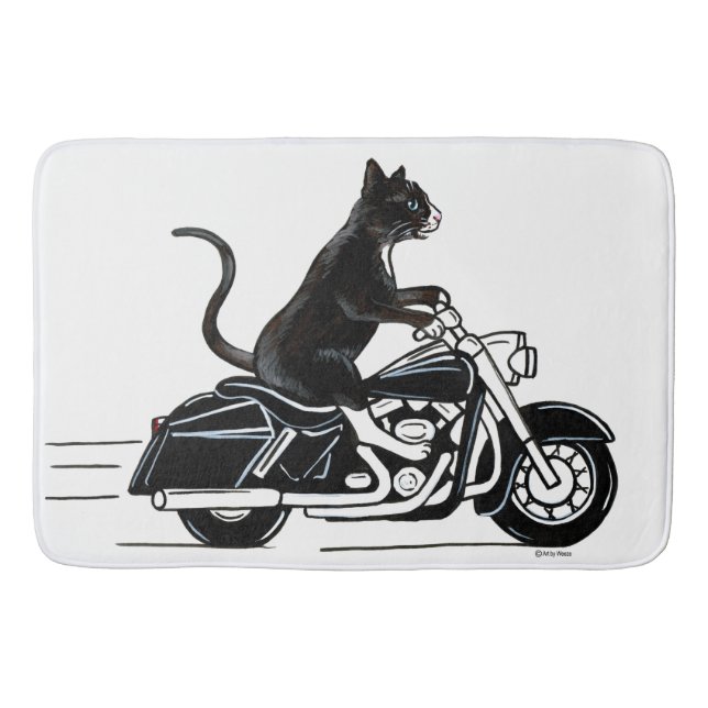 Alfombrilla De Baño Gato negro montando una motocicleta (Anverso)