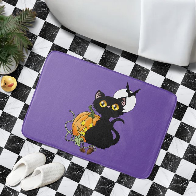Alfombrilla De Baño Gato negro morado de la Calabaza de Halloween (Subido por el creador)