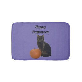 Alfombrilla De Baño Gato negro y calabaza feliz morado de Halloween