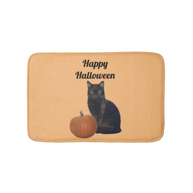 Alfombrilla De Baño Gato negro y calabaza feliz Naranja de Halloween (Anverso)