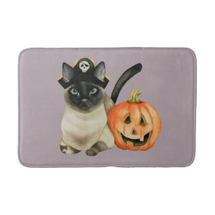 Alfombrilla De Baño Gato siamés de Halloween con la linterna de Jack