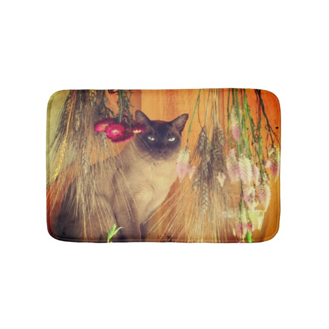 Alfombrilla De Baño Gato Siamés Posando Con Flores (Anverso)