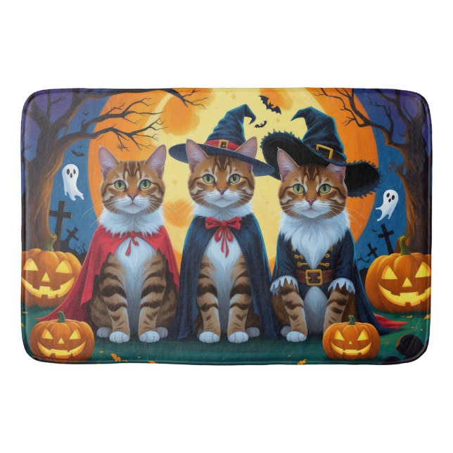 Alfombrilla De Baño Gatos Bengalíes Calabaza Halloween Divertido (Anverso)