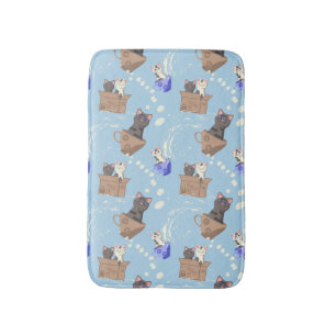 Alfombrilla De Baño Gatos en caja y gotas de leche en azul