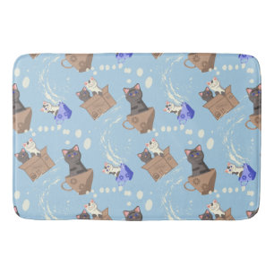 Alfombrilla De Baño Gatos en caja y gotas de leche en azul