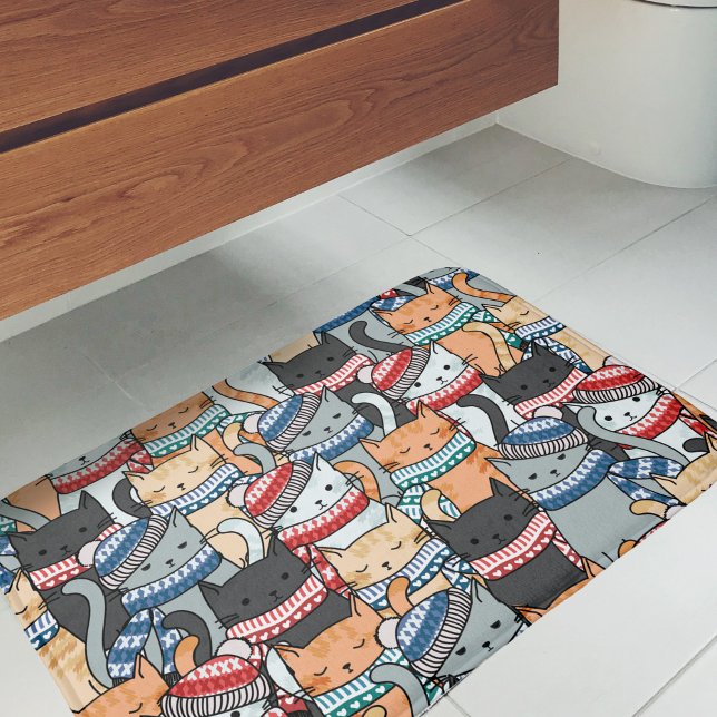 Alfombrilla De Baño Gatos en estafas de invierno y patrón de Gorras (Cats in Scarves Bath Mat)