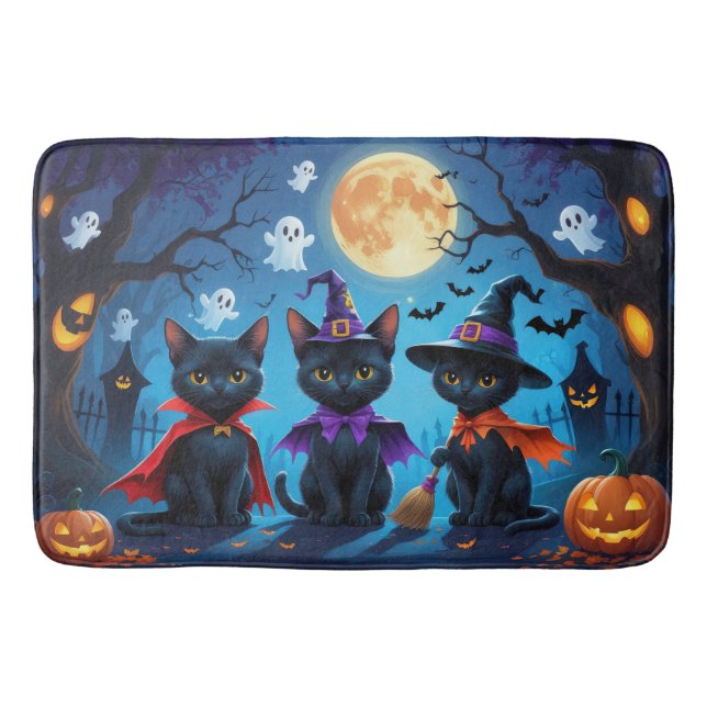 Alfombrilla De Baño Gatos Negros Calabaza Halloween Divertido (Anverso)