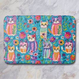 Alfombrilla De Baño Gatos y flores coloridas