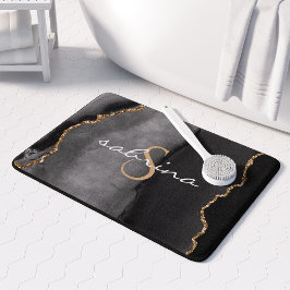 Alfombrilla De Baño Geoda de ágata negra con monograma en oro