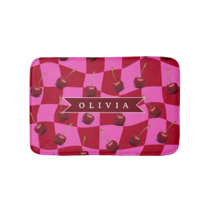Alfombrilla De Baño Gingham de Cereza Personalizado Retro Nombre Perso