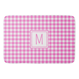 Alfombrilla De Baño Gingham Plaid Monograma rosa y blanco