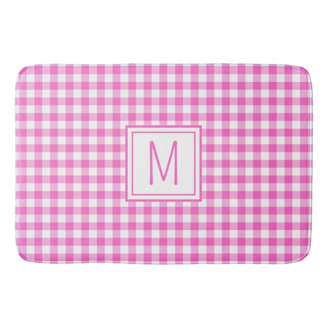 Alfombrilla De Baño Gingham Plaid Monograma rosa y blanco (Anverso)