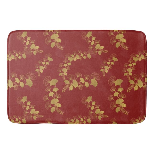 Alfombrilla De Baño Gingko dorado Balboa deja fondo rojo oscuro (Anverso)