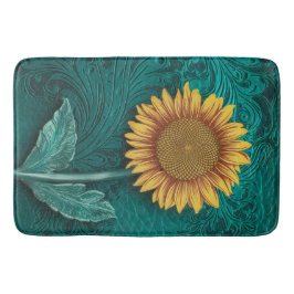 Alfombrilla De Baño Girasol amarillo con herramientas de cuero verde a