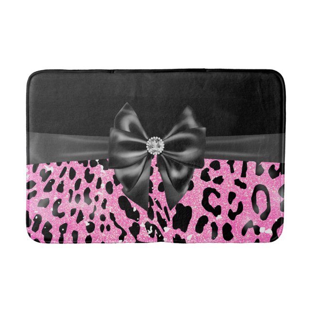 Alfombrilla De Baño Glam Black Bow Diamond Purpurina Rosado Leopardo (Anverso)