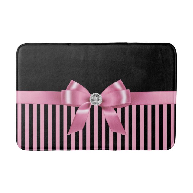 Alfombrilla De Baño Glam Rosa Bow-Rosa Negro Pinstripes-Negro (Anverso)