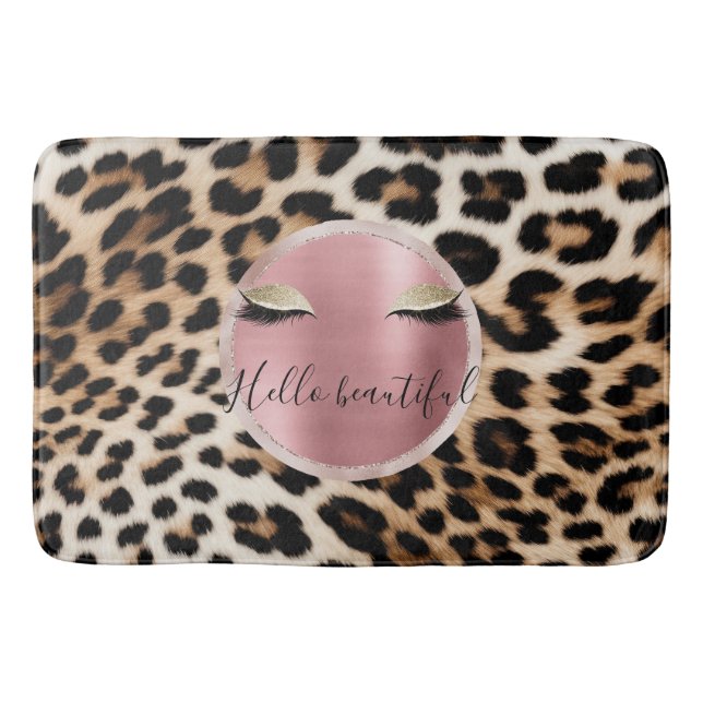 Alfombrilla De Baño Glitzy Purpurina Rosa Oro Eyelashes Leopardo (Anverso)