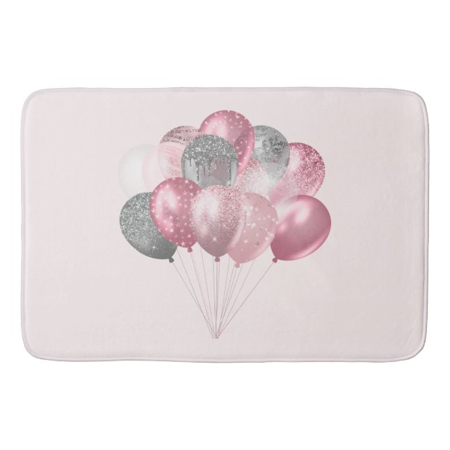 Alfombrilla De Baño Globos purpurinas rosa y plateado (Anverso)
