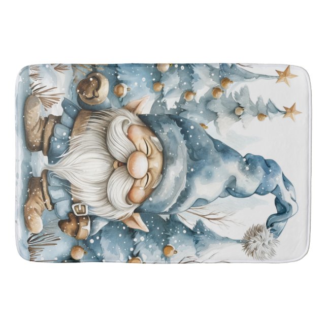 Alfombrilla De Baño Gnome azul turbio y árboles de Navidad (Anverso)