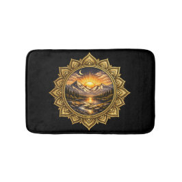 Alfombrilla De Baño Golden Boho Mandala Mountain Sunset Art | Black