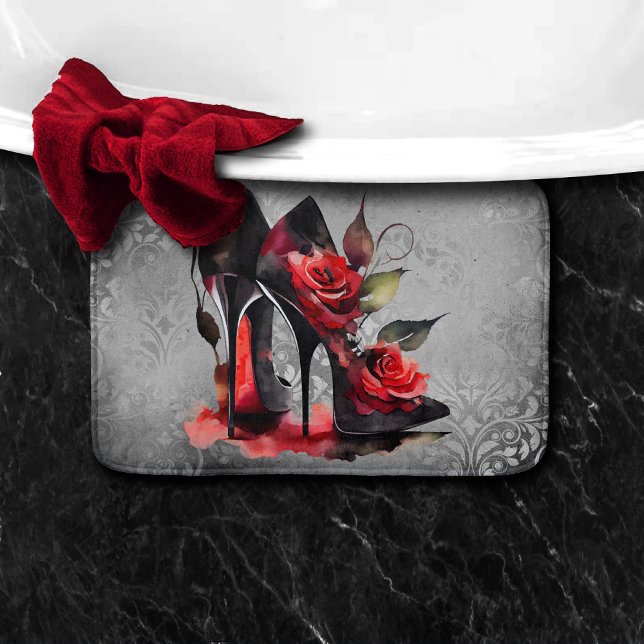 Alfombrilla De Baño Gótico Fashionista Rojo abajo Stilettos con Rosas (Subido por el creador)