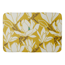 Alfombrilla De Baño gráfico de magnolia en patrón de mostaza