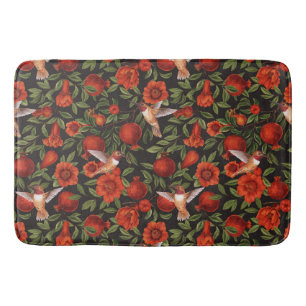 Alfombrilla De Baño Granadas y colibríes/hojas verdes en negro