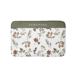 Alfombrilla De Baño Green Burgundy Wildflower Monogram Name