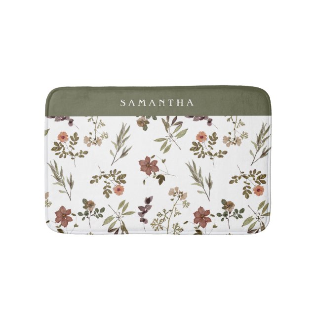 Alfombrilla De Baño Green Burgundy Wildflower Monogram Name (Anverso)