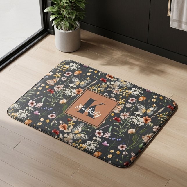 Alfombrilla De Baño Gris Carbón Boho Floral Monogramado (Subido por el creador)