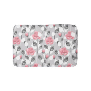 Alfombrilla De Baño Gris y rosa. Estampado de flores
