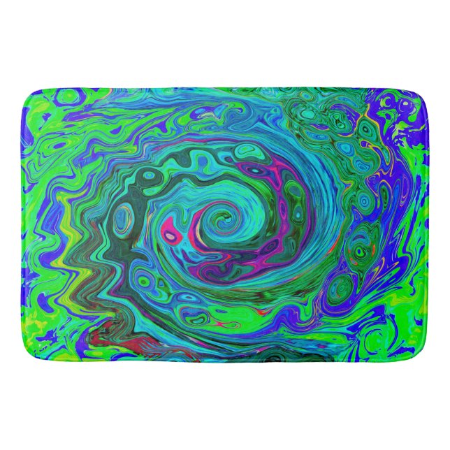 Alfombrilla De Baño Groovy Resumen Swirl Retro Verde y Azul (Anverso)