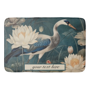 Alfombrilla De Baño Grúa azul botánica vintage, personalizable