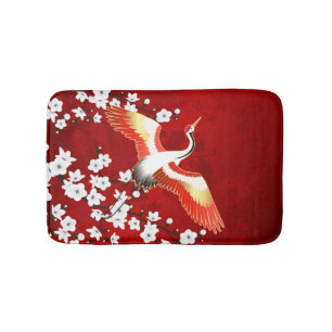 Alfombrilla De Baño Grulla Japonesa Flor de Cerezo Blanca Rojo