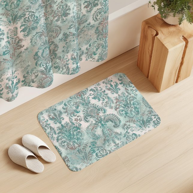 Alfombrilla De Baño Grunge Damask Aqua Mint Blue Blush Pink (Subido por el creador)
